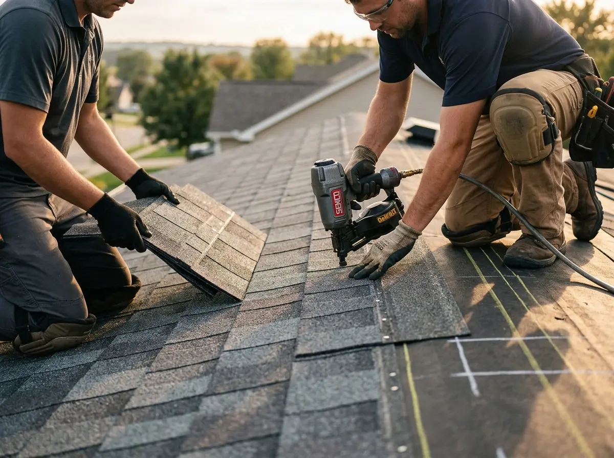 Professional roofer working on a residential roof in University Park
